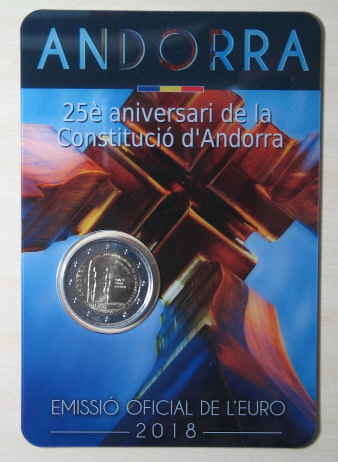 2018 Andorra 2€ Andorran perustuslaki 25 vuotta kortissa