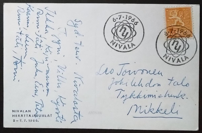 Erik.leima Nivalan Herättäjäjuhlat 1966 Nivala -kortilla