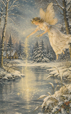Talvikeiju sirottelee keijupölyä joen veteen
