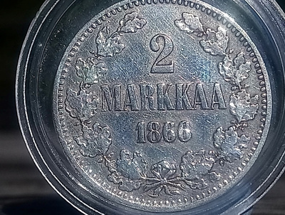 2 markkaa 1866.  Hallitsija : Aleksanteri II. Materiaali : H