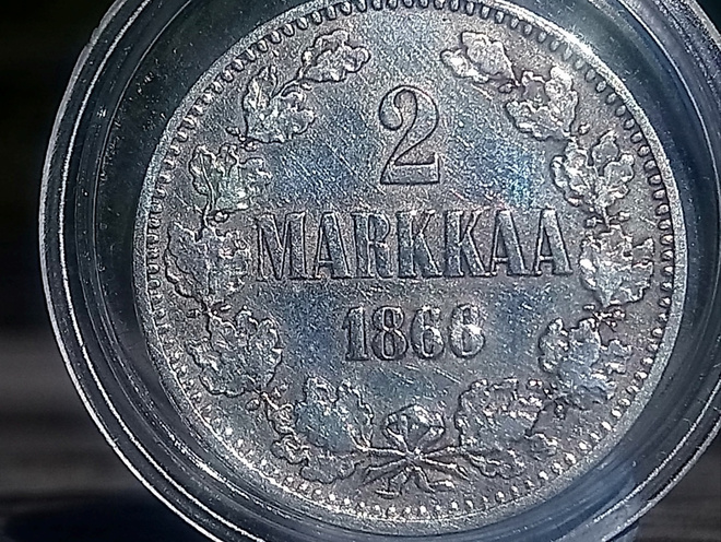 2 markkaa 1866.  Hallitsija : Aleksanteri II. Materiaali : H