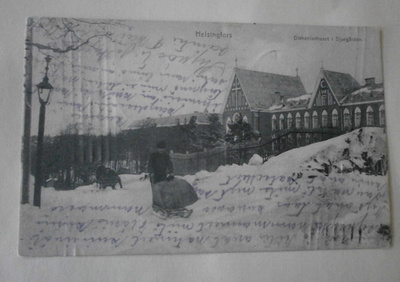 Helsinki, Diakonissalaitos, hevonen ja kelkka, 1915 + sens.