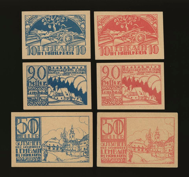 Itävalta Notgeld 2x10, 2x20, 2x50 Heller, Lembach