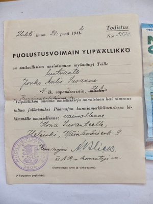 VANHA Myöntötodistus VR4 Kenraali Aarne Blick Nimmari 1942