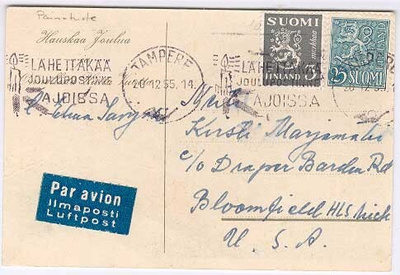 1954 25mk sin.leijona ja M30 3mk harm lentopainotuote USAhan