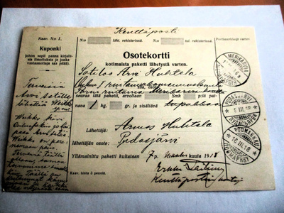 1918 Pudasjärvi kp pakettikortti Merikarvialle