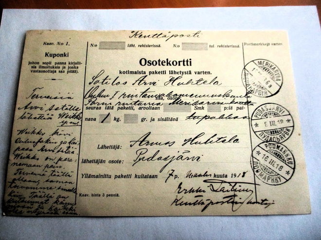 1918 Pudasjärvi kp pakettikortti Merikarvialle