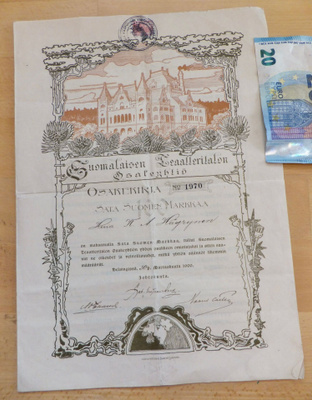 VANHA Osakekirja Suomalaisen Teatteritalon Oy 1900 +Talonki