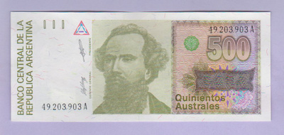 Argentiina 500 Australes v.1988 UNC P-328