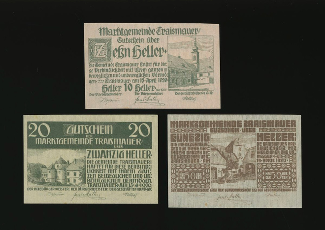 Itävalta Notgeld 10, 20, 50 Heller, Traismauer 1920
