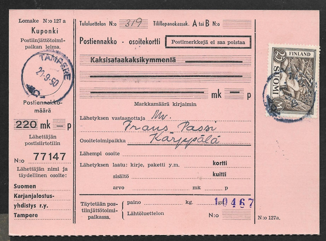 Postien. - käyttös. 1930 25mk (LAPE 157) Tampere 20.9.50