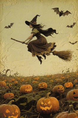 Halloween noita, kurpitsat pellolla