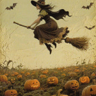 Halloween noita, kurpitsat pellolla - pikkukuva 1