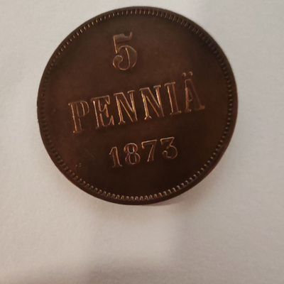5 penniä 1873 leimakiiltoa Komee
