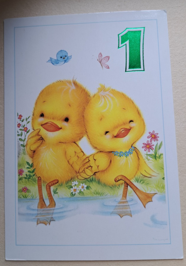 Syntymäpäiväkortti, tiput,onnittelu 1v. .uusi kortti
