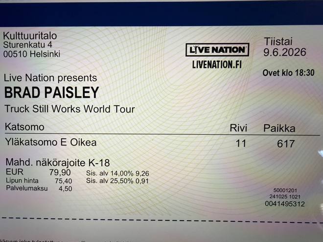 Brad Paisley 9.6.2026 Kulttuuritalo
