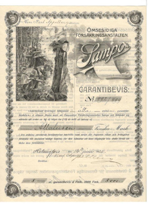 v. 1910 vakuutuskirja (?) SAMPO-vak.yhtiö (summa 8000 mk)