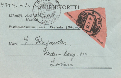 Kirjekortti v 1927, Helsinki-Loviisa