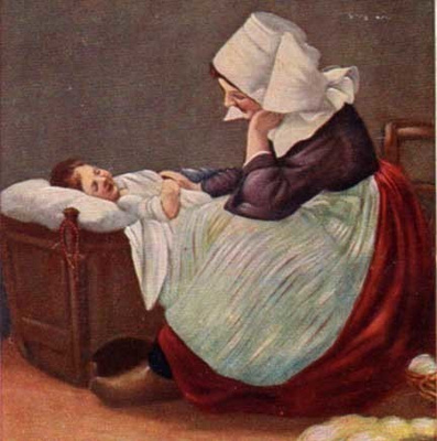 ÄITI / Äitii hellii kehdossa makaavaa lastaan. 1920-l.