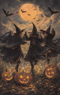 Halloween kolme noitaa tanssimassa