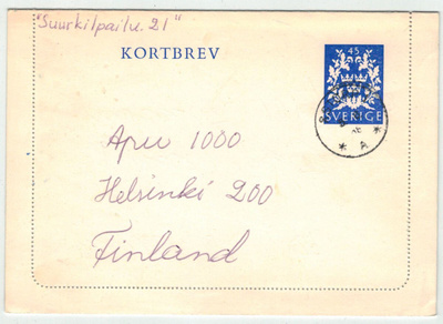 1968 45 äyrin korttikirje Suomeen