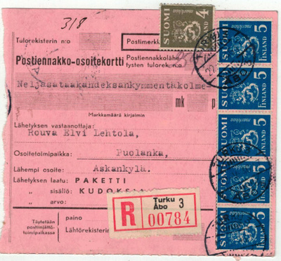 1946 kirjattu postiennakkopaketti