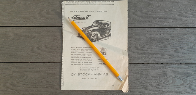 Simca 8 Auto Lehtimainosleike n.1949