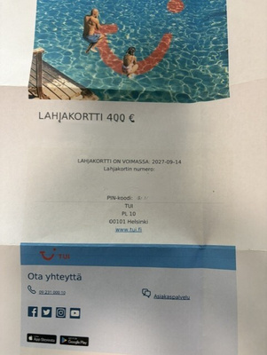 Myydään TUIn matkalahjakortti arvoltaan 400 €