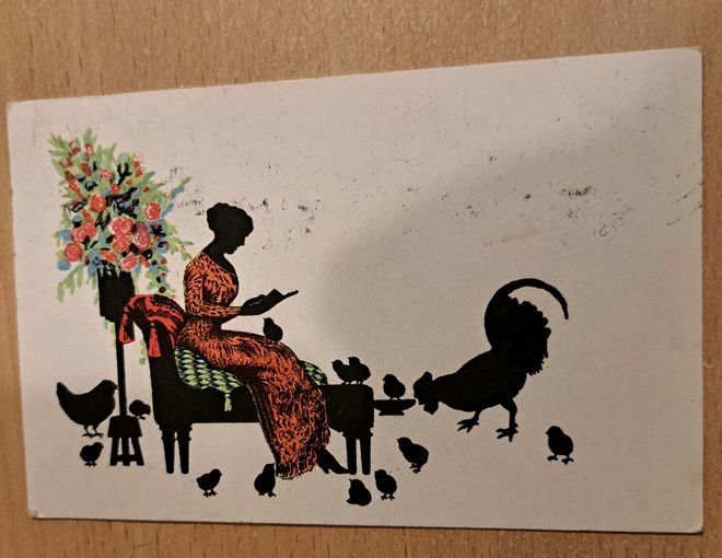 siluettitaidekortti, vanha, nainen ja kanoja, kulkenut 1924