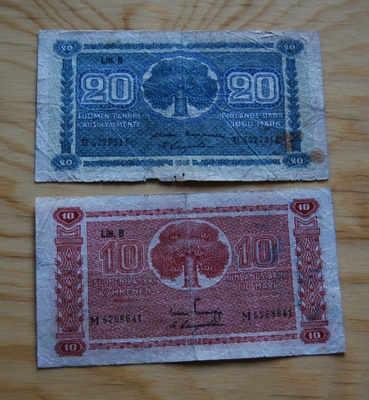 Sota-ajan setelit 10, 20 markkaa 1945 Suomen pankki