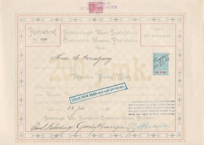 OKK 1917 Vaasan Pitsitehdas Oy, Vaasa osakekirja