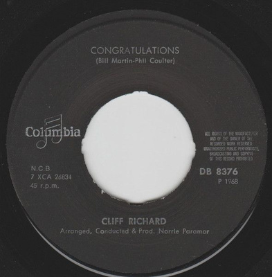 (7") Cliff Richard – Congratulations / High ´N´Dry (1968)