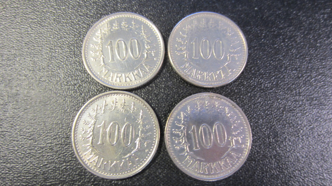 100 markkaa 1956-1958, 4 kpl