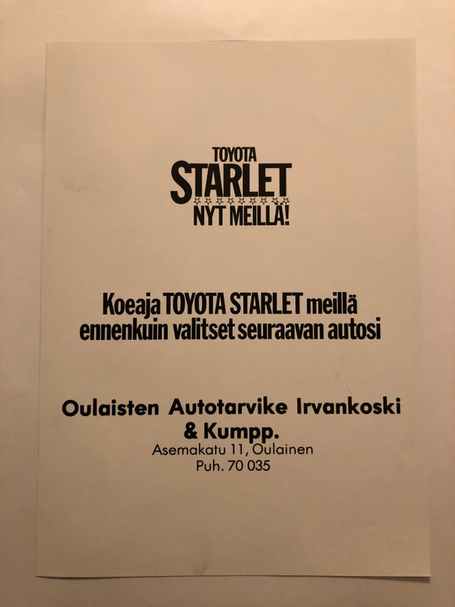 Myyntiesite - Toyota Starlet - 9/1978