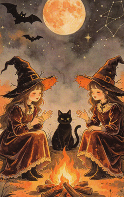 Halloween noitatytöt nuotion ääressä