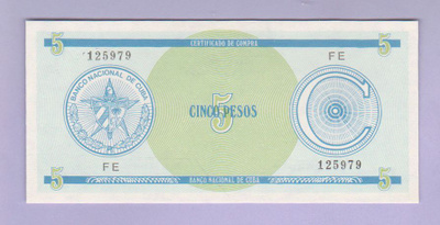 Kuuba 5 Pesos Serie C v.1985- UNC (Certificado de Compra)