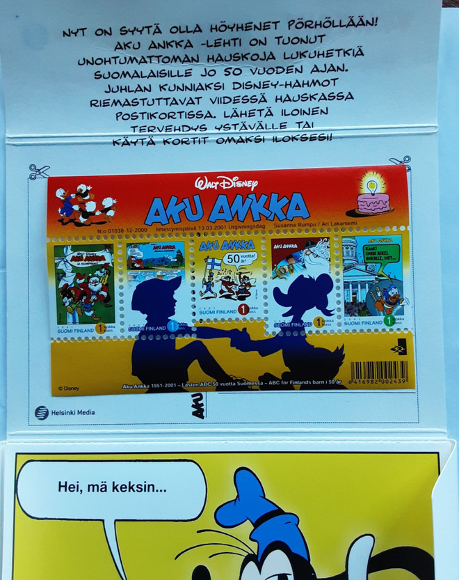 Aku Ankka 50v. postikortit ja -merkit 2001. 5kpl ikimerkkejä