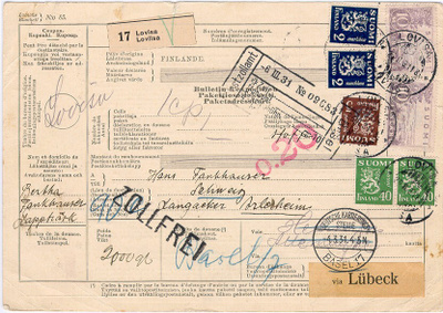 1931 postipaketti Sveitsiin via Lübeck