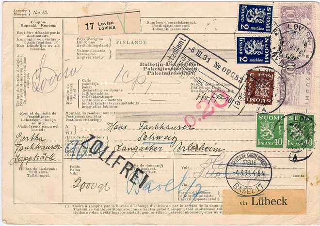 1931 postipaketti Sveitsiin via Lübeck