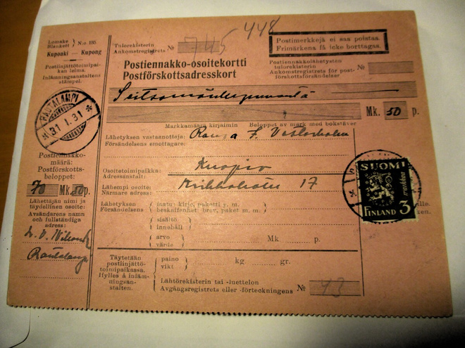 1931 Rautalampi postiennakko Kuopioon