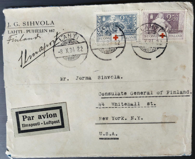 Punaristimerkit 1934 lentopostikuorella USA:han, Lahti 1934