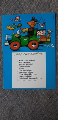 Posti kulkee kortti, mainoskortti design Hietala