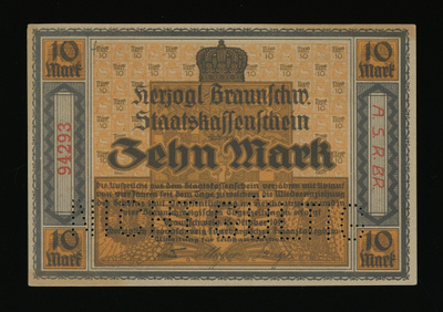 Saksa 10 Mark, Braunschweig 15.10.1918, Versio A, XF+