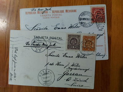 2 kpl v. 1909 Meksikosta Sveitsiin kulk. kortteja