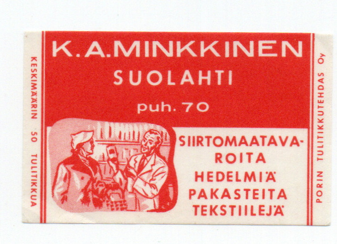 Porin Tulitikkutehdas K.A. MINKKINEN SUOLAHTI Etiketti