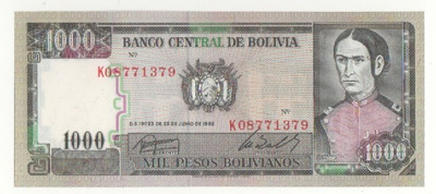 Bolivia 1000 Pesos, pakkasileä. 1982.