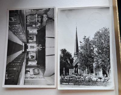 Tornio, 2 korttia, kirkko ulkoa ja sisältä,kulk 1957 ja 1961