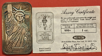 USA, harvinainen 1 oz 999 hopea harkko. Hieno patina. (KD19)