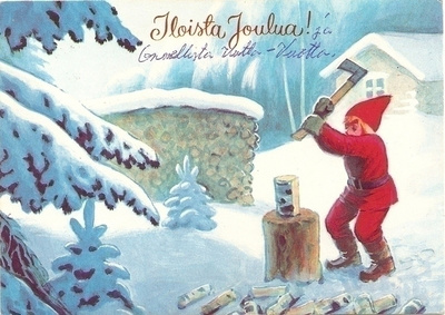 Tonttu hakkaa puita