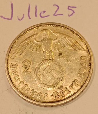 2 Reichsmark 1939 F natsisaksa hopeaa